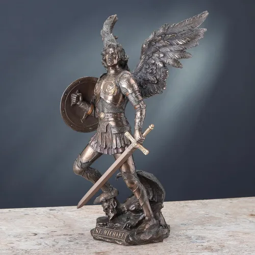 Vista 7 de Unicorn Studio 12 7/8 pulgadas Arcángel San Miguel resina fundida en frío bronce acabado escultura regalo religioso decoración del hogar estatua