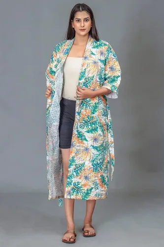 Vista 2 de FRUAMANIA - Bata acolchada a mano Kantha con estampado, para mujer, para baño, playa, talla única