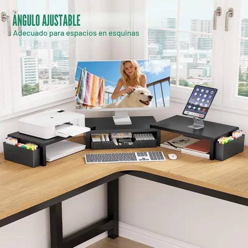 Vista 4 de OPNICE Soporte elevador de monitor doble con cajón y 2 soportes para bolígrafos, organizador de escritorio para suministros de oficina, soporte
