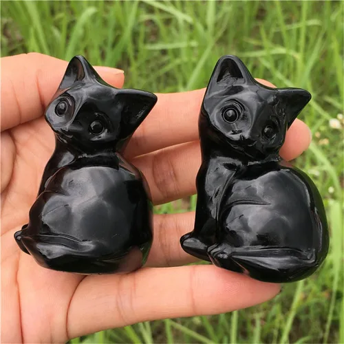 Vista 9 de Figura de gato de obsidiana negra de 2.2 pulgadas, diseño de gato negro, decoración del hogar, piedra natural, estatua de animal, cristales