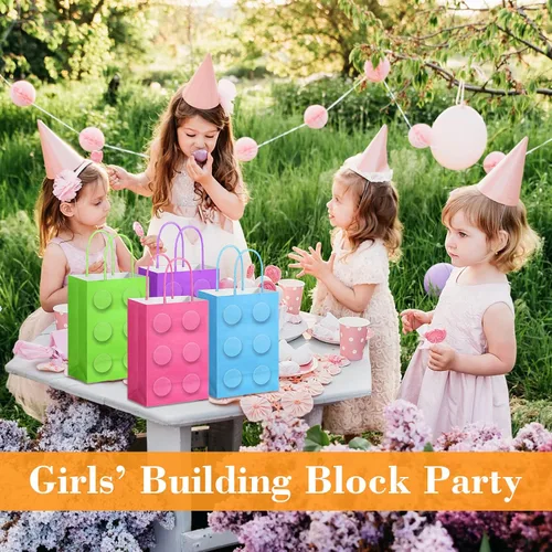 Vista 6 de PerKoop 24 bolsas de bloques de construcción, bolsas de papel para dulces de ladrillos, bolsas de regalo de fiesta con asa para niñas, bloques