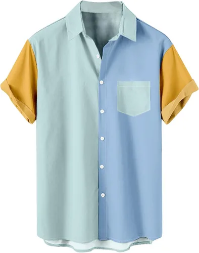 Vista 6 de Men's Color Block Button Down Shirts 2026 Summer Short Sleeve Hawaiian Shirt Loose Fit Lightweight Beach Vacation Tops