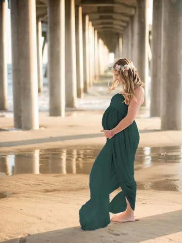 Vista 4 de YnimioAOX Vestido de maternidad de tubo sin tirantes con hombros descubiertos para mujer, para fotografía, vestido de gasa frontal dividido