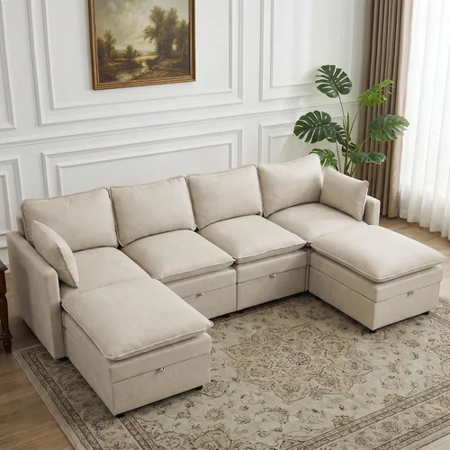 Vista 14 de Otomana cuadrada grande de 27 pulgadas con almacenamiento, reposapiés tapizado moderno con patas antideslizantes para sofá, mesa de café, sala