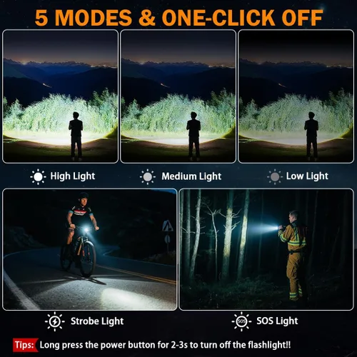 Vista 5 de Paquete de 3 linternas recargables de alto lúmenes 9900FL, linterna LED recargable con pantalla digital LCD, 5 modos de luz de flash ajustable