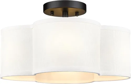 Vista 30 de Lámpara de Techo Semiempotrada Dorada, 3 Luces Accesorios de Iluminación de Techo de 12.5" con Pantalla de Tela en Forma de Flor, Luces de Tambor