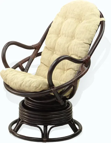 Vista 3 de Salón giratorio mecedora Java silla de mimbre natural de ratán con cojín crema, color marrón oscuro