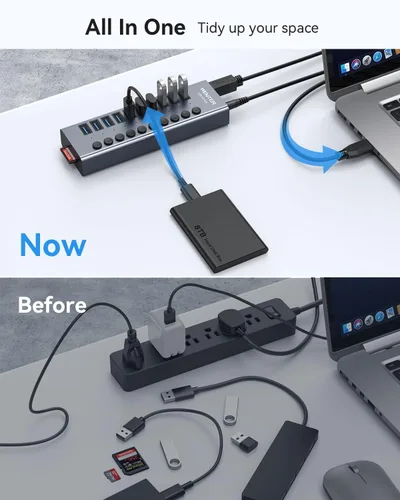 Vista 5 de Hub USB 3.0 alimentado, Wenter 10 puertos 36 W alimentado USB Hub, divisor USB de aluminio con interruptores individuales de encendido/apagado