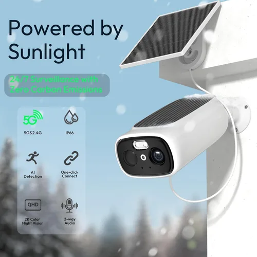 Vista 2 de 2 cámaras WiFi 2.4G/5G para seguridad en el hogar con paneles solares dobles, cámaras de seguridad solar 2K inalámbricas para exteriores, visión