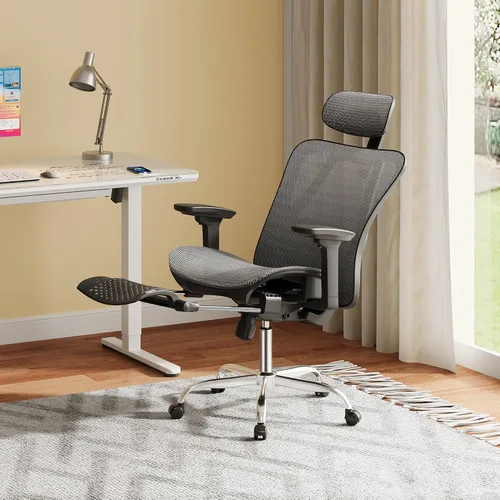 Vista 2 de DEVAISE Silla de escritorio ergonómica de malla para oficina, reposapiés retráctil y soporte lumbar ajustable, cómoda silla reclinable