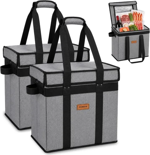 Vista 9 de Bolsas de comestibles reutilizables aisladas con tapa, bolsa enfriadora plegable con cierre de gancho y bucle, forro térmico, parte inferior Gris