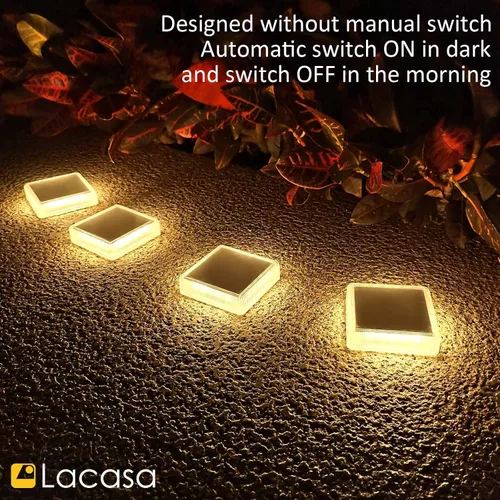 Vista 7 de Lacasa – Luces de terraza solares, paquete de 4 luces LED de 30LM para muelle, blanco cálido 2700K, luces de escalones exteriores alimentadas por
