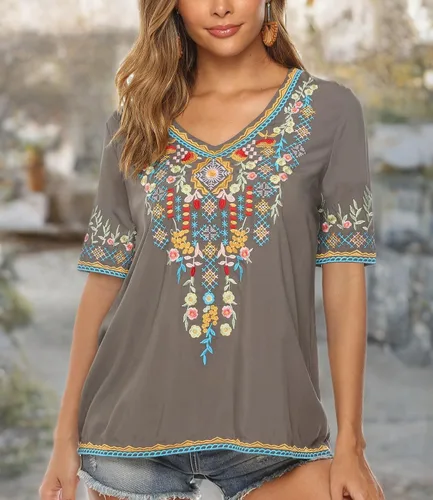Vista 6 de AK Blusa casual de verano con cuello en V para mujer, estilo bohemio, bordado, mexicano, campesino, de manga corta, blusa casual suelta