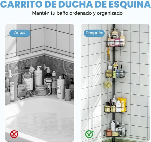 Vista 7 de Urackify Organizador de ducha esquinero con barra de tensión de 4 niveles Negro