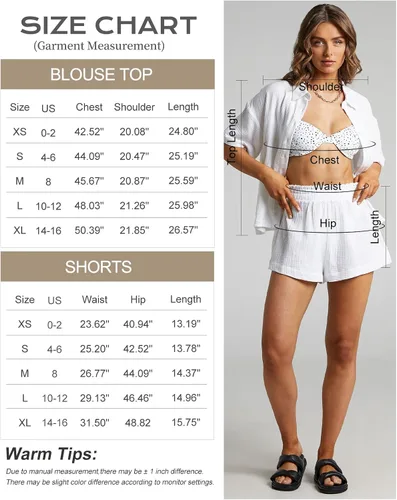 Vista 6 de Flygo Conjunto casual de 2 piezas para mujer, conjunto de algodón y lino, camisa con botones y pantalones cortos, conjunto de pijama