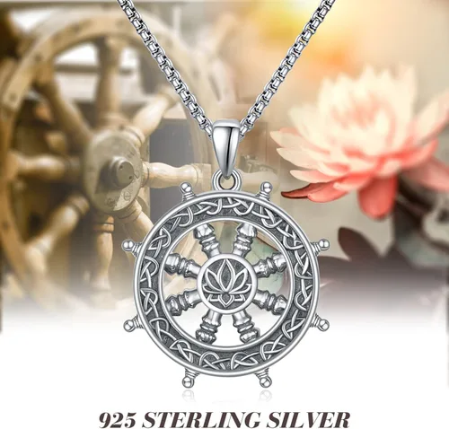 Vista 5 de KINGWHYTE Compass Necklace 925 Sterling Silver Mens Jewelry Pendant Necklace Black Necklace for Men Boys with Leather Cord Length 50cm