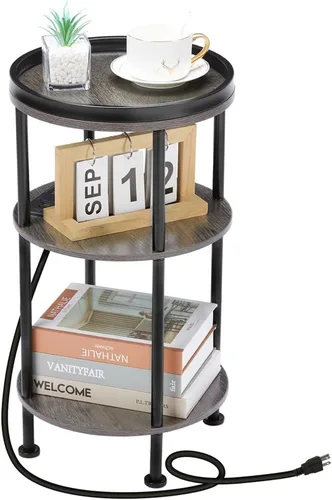 Vista 22 de Mesa auxiliar redonda pequeña con estación de carga para espacios pequeños, mesa decorativa de 3 niveles con puertos USB y tomas de corriente, mesa