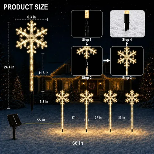 Vista 7 de 4 Pack Snowflake Solar Christmas Pathway Lights, Outdoor Decor 4 Pack-Warm White