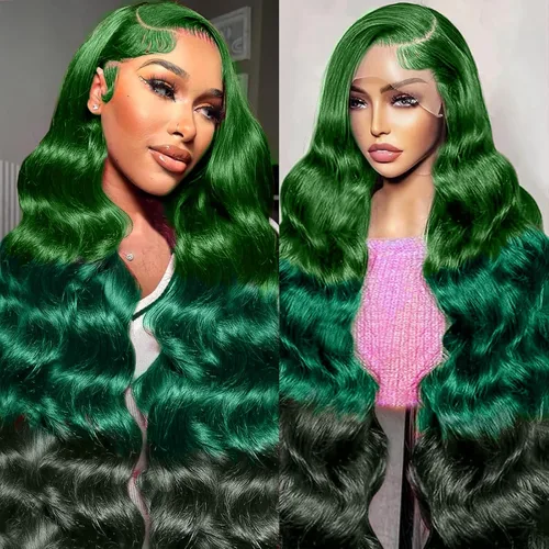 Vista 10 de Colorful Bird Pelucas de cabello humano brasileño ondulado con encaje frontal de 13 x 4 HD, predepilada con abuelitos, color verde oscuro, pelucas