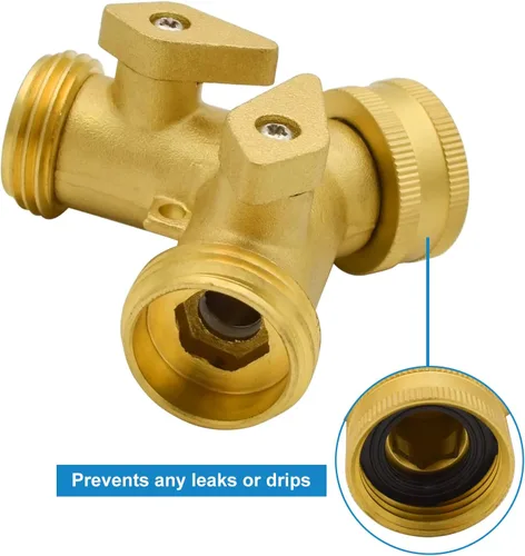Vista 5 de HYDRO MASTER Manguera de jardín con divisor en Y de latón resistente de 2 vías con válvulas de cierre de agarre cómodo, adaptador para grifo