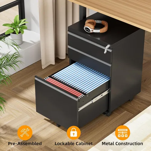 Vista 4 de INTERGREAT - Archivador de 3 cajones, gabinetes de archivo de metal con cerradura, gabinete móvil de oficina con ruedas para tamaño legal/carta