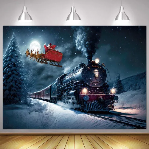 Vista 2 de Fondo de fotografía de tren de Navidad, tren nocturno de invierno, Papá Noel, fondo fotográfico para Navidad, Año Nuevo, fiesta infantil