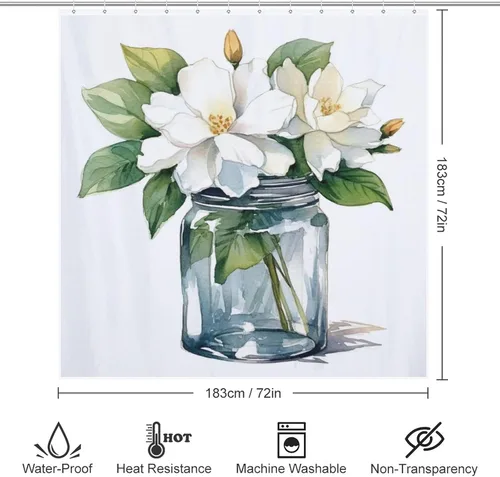 Vista 6 de YLATY3027 - Cortina de ducha con estampado de flores y flores para baño, juego de cortina de ducha bohemia con hojas verdes y flores blancas, tela