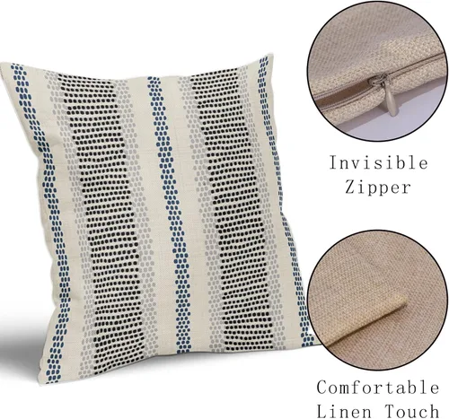 Vista 4 de Juego de 2 fundas de almohada negras y azules con rayas de puntos grises, decorativas para exteriores, estilo boho rústico, para sofá, cama, cojín
