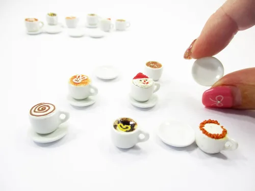 Vista 6 de Casa de muñecas Miniaturas Bebida Bebida Set 6 Taza de Cerámica de Café Mixto Suministro 14174 Mixed coffee cups saucers sets, ceramic mini 6 tea