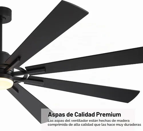 Vista 6 de WINGBO Ventilador de techo CC de 72 pulgadas con luces y 3 varillas descendentes, negro mate, 8 cuchillas de madera contrachapada, motor CC