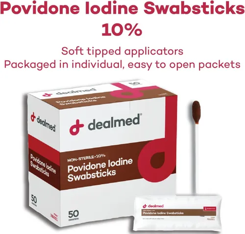 Vista 2 de Dealmed Povidone yodo 10% hisopos – Paquetes sellados individualmente perfectos para el cuidado de heridas y botiquines portátiles de primeros