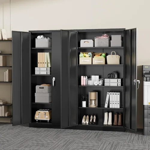Vista 8 de Greenvelly Armarios de almacenamiento de metal de 72 pulgadas, gabinete de almacenamiento de acero negro para garaje con puertas y estantes