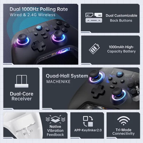Vista 2 de Machenike G3V2 Bluetooth Controller for Pc/Switch/Ios/Android, Hall Effect Joysticks, RGB Lighting Gaming Controller,2 Programmable Buttons,1000mah