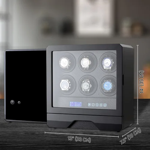 Vista 7 de Bobinador de reloj para 6 relojes automáticos con retroiluminación LED, control remoto y cajón de almacenamiento para relojes y joyas