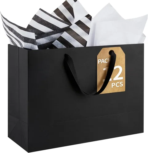 Vista 8 de Ohuimrt 6 bolsas grandes de regalo negras con asas, 12.5 x 4.5 x 11 pulgadas, bolsas de papel negro mate de alta calidad para fiestas, compras