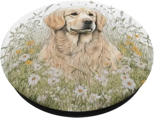 Vista 2 de Lindo perro Golden Retriever en flor prado salvaje PopSockets intercambiables PopGrip