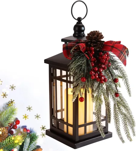 Vista 8 de Decoraciones de Navidad Farol de Navidad, Decoración Navideña Faroles de Velas, Farol de Vela Sin Llama de 14 Pulgadas, Patios Exteriores