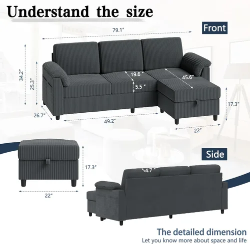 Vista 4 de Sofás seccionales para sala de estar, sofá en forma de L con bolsillo lateral de almacenamiento, cómodos sofás de 3 asientos para apartamento, gris