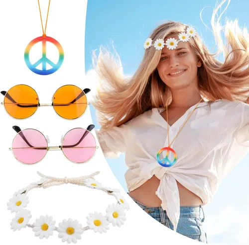 Vista 3 de CHRORINE Conjunto de disfraz de hippie, gafas de sol hippie, signo de paz para decoraciones de fiesta