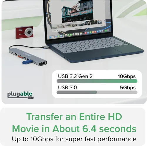Vista 8 de Plugable Adaptador multipuerto USB C Hub: 9 en 1 con carga PD de 140 W, HDMI 4K 60Hz, transferencia de datos de 10 Gbps, Gigabit Ethernet, SD