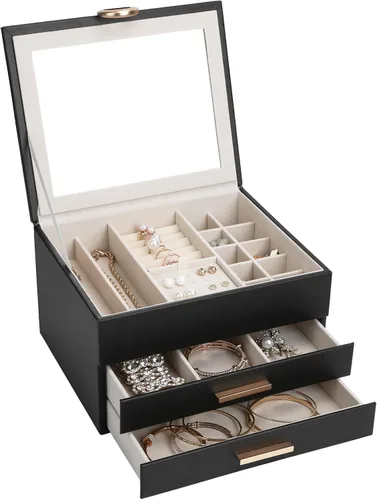 Vista 17 de Elegant Gift Jewelry Box with Mirror - 3-Layer Organizer for Earrings, Rings, Necklaces, Ready to Give for Birthday Anniversary Christmas Apricot