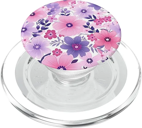 Vista 7 de PopSockets de jardín con diseño de flores rosadas y moradas, color verde azulado y azul