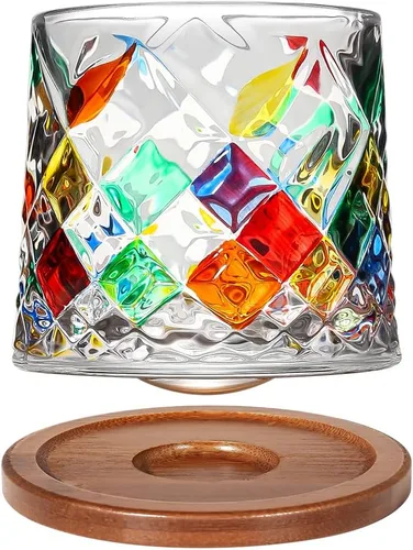 Vista 17 de Vaso de vidrio antiguo giratorio, 275ml/10oz Juego de vasos de whisky de cristal de 2 piezas, posavasos de madera, engrosamiento, utilizado como