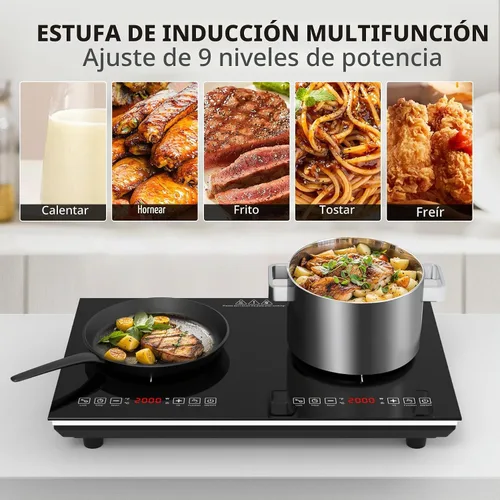 Vista 4 de VBGK Placa de cocción de doble inducción, quemador eléctrico de 110 V 4000 W, placa caliente de 2 quemadores con sensor LED táctil, ahorro