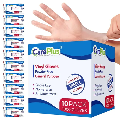 Vista 10 de CARE PLUS Pro - Guantes de vinilo transparentes de tamaño pequeño, 100 unidades Sin látex, sin polvo, resistentes, no estériles, Guantes