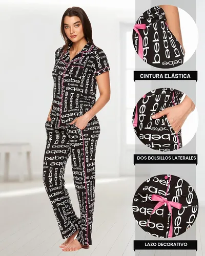 Vista 4 de bebe Conjunto de pijama de dama de honor de 2 piezas para mujer, camisa y pantalones de manga corta con botones Negro 24