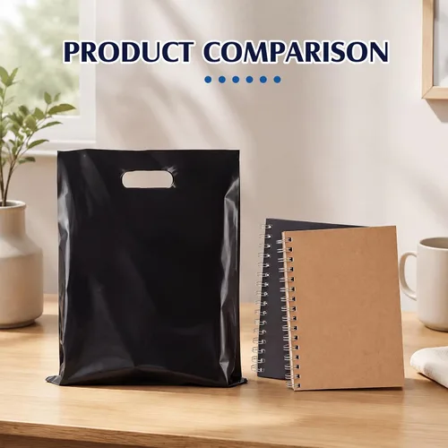 Vista 4 de Saintrygo 120 bolsas de compras negras de 2.36 mil con asas de 6 x 8/8 x 12/10 x 14 pulgadas, bolsas de plástico reutilizables para regalo, bolsas