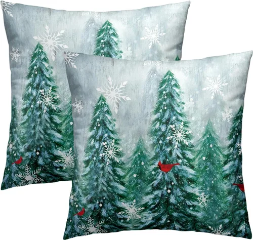 Vista 17 de Fundas de Almohada de Bosque de Pinos 22x22 Juego de 2, Fundas de Almohada Decorativas de Árboles de Abeto y Cedro Verde Nieve Beige de Invierno