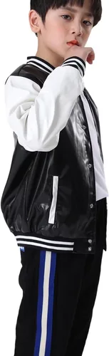 Vista 2 de Chamarras de cuero de béisbol para niños y niñas, chaqueta universitaria para motocicleta, chaqueta de piel sintética, abrigos de 2 a 14 años