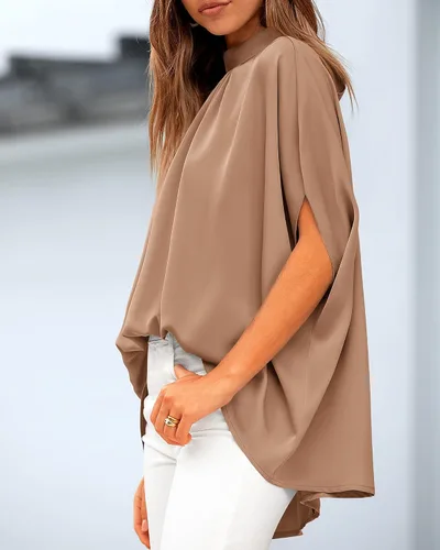 Vista 149 de BTFBM Blusas de verano para mujer, cuello alto falso, manga murciélago, holgadas, dobladillo alto y bajo, blusas informales de gran
